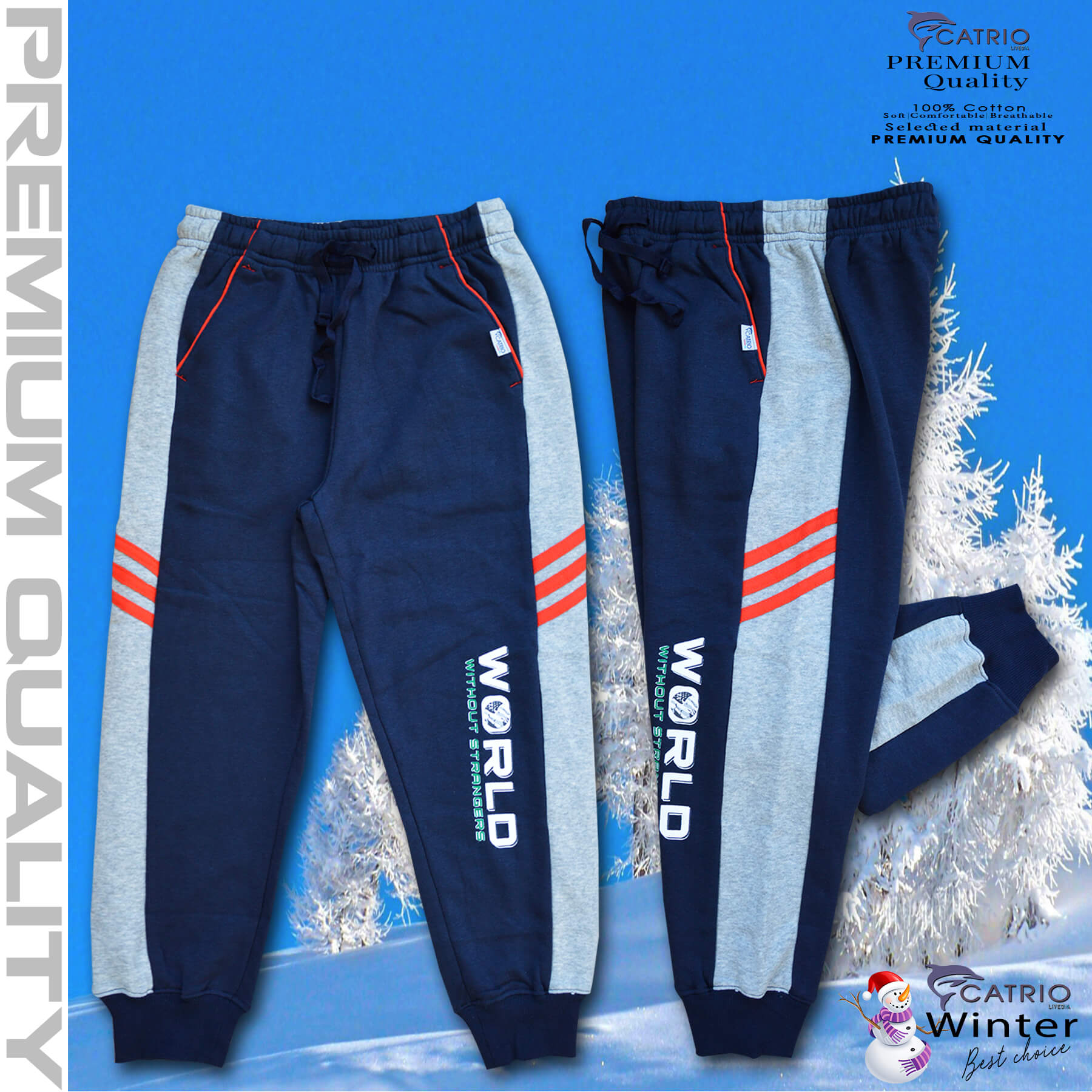 Quần dài bé trai vải 100% cotton PHỐI SƯỜN màu NAVY pha XÁM in WORLD là quần nỉ trẻ em CATRIO từ 9 tuổi đến 18 tuổi phù hợp thời tiết se lạnh mùa thu đông với kiểu dáng thể thao tuyệt đẹp