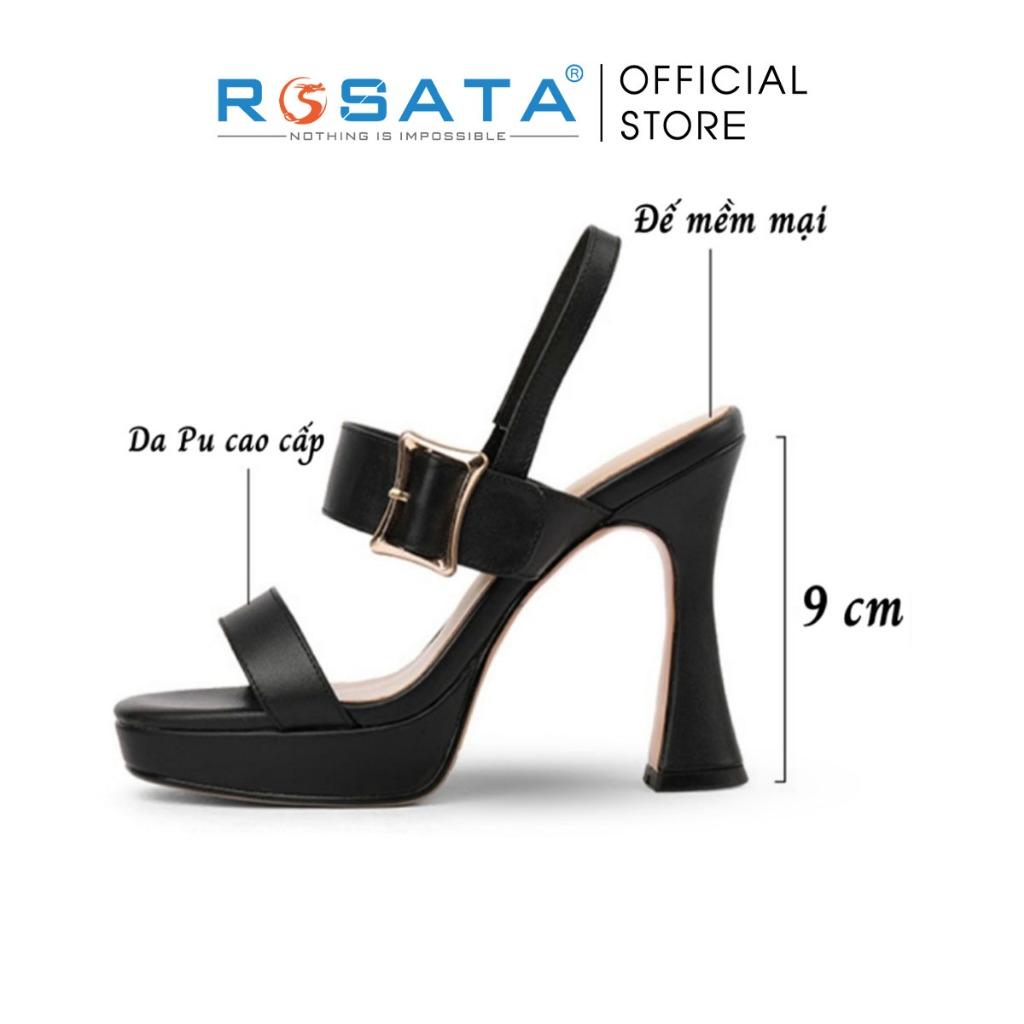 Giày sandal nữ đế cao 9 phân mũi vuông xỏ ngón quai ngang khóa cài dây mảnh ROSATA RO581 ( Bảo Hành 12 Tháng ) - ĐEN