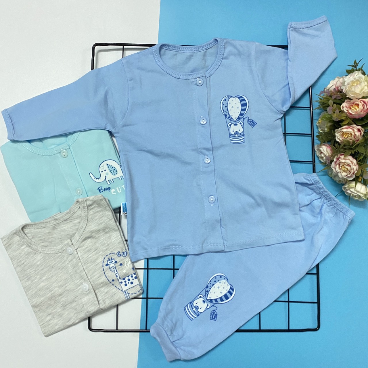 Combo 3 Bộ áo quần sơ sinh cotton Thái Hà Thịnh | Mẫu Tay Dài Cài Nút Giữa | Size 1,2,3,4,5 cho bé sơ sinh -12kg| Chất vải mềm, mịn, đẹp