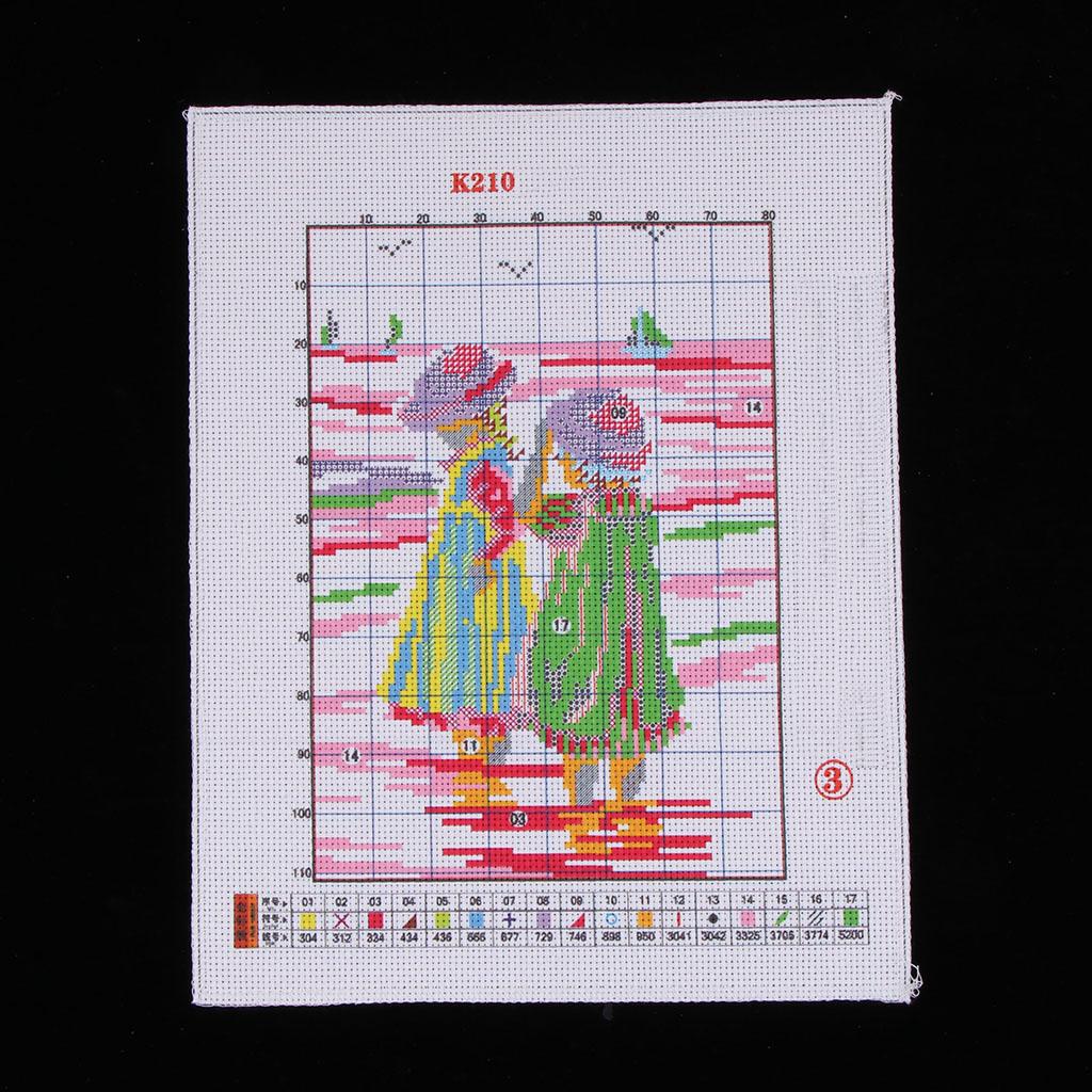 Sisters on Beach Stamped Cross Stitch Kit Pre-Printed Pattern Embroidery Kit Fashion Crafts Home Art Decoration