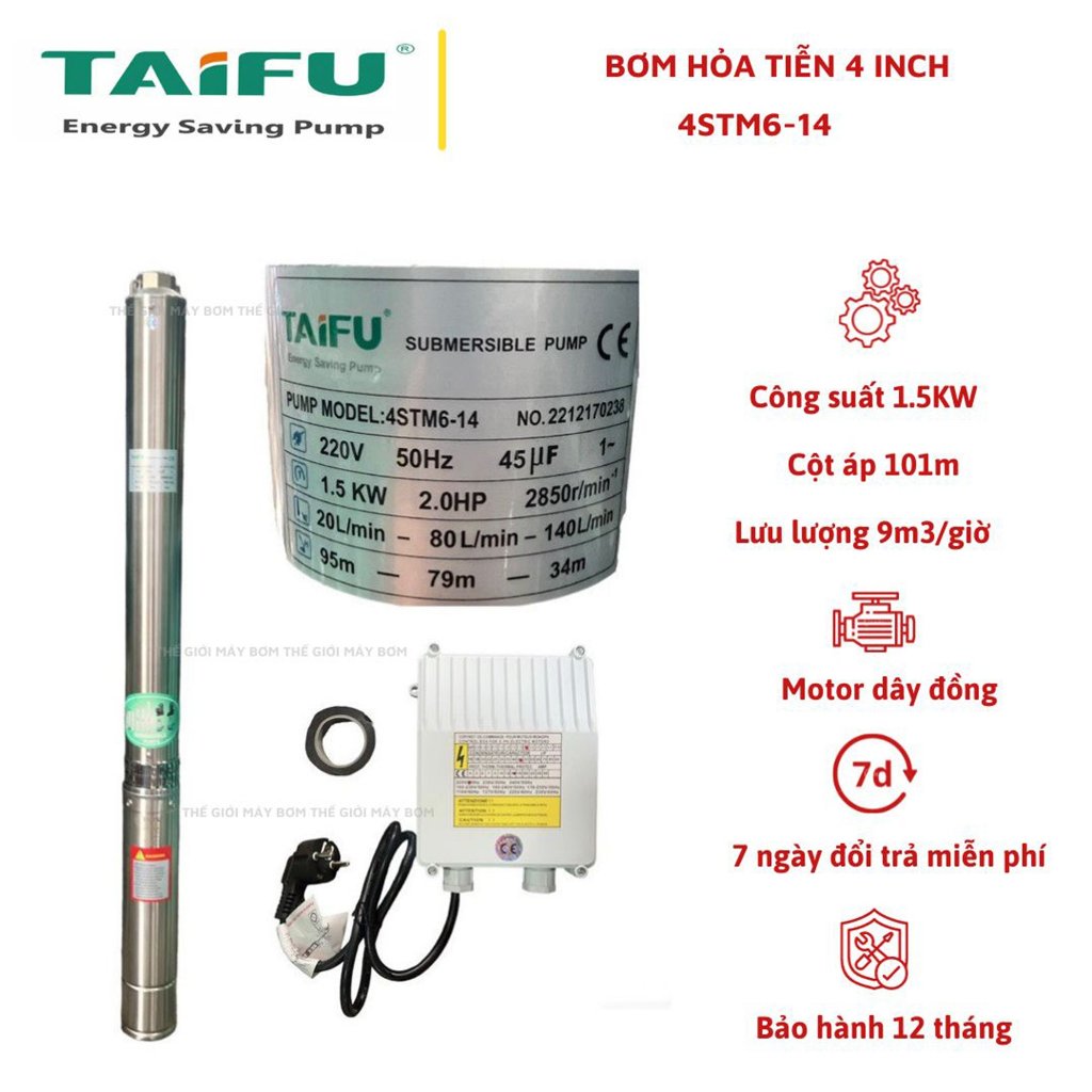 Bơm hỏa tiễn 1.5Kw thân inox 304 có hộp tụ đi kèm TAIFU - Bảo hành 1 năm
