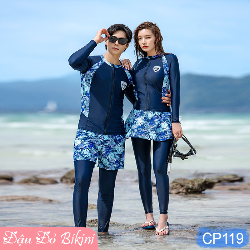 Đồ Bơi Đôi Big Size Dài Tay &amp; Quần Dài Chống Nắng 3-4 chi tiết, bộ bơi size đại có áo khóa kéo dễ mặc, cỡ lớn đến 125kg, thun lạnh Lycra dày mịn mát | BN119 &amp; KT119