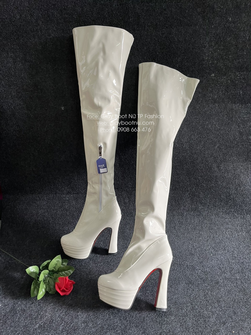 Boot đùi nữ da bóng màu trắng gót vuông 13cm SÀNH ĐIỆU GCC11302