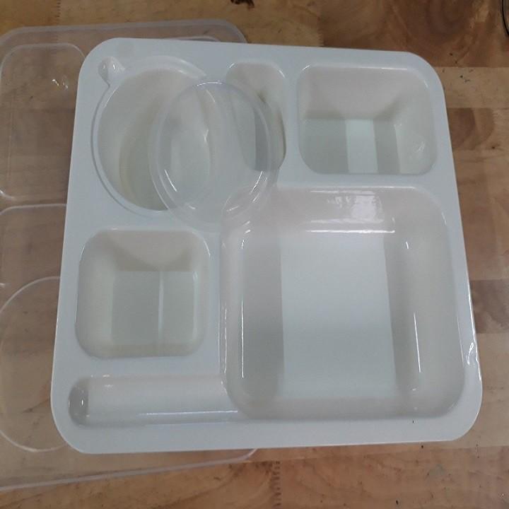 Khay 6 ngăn đựng cơm văn phòng, bán căntin, suất ăn công nghiêp melamine có 2 nắp đậy, hoa xamh/đỏ