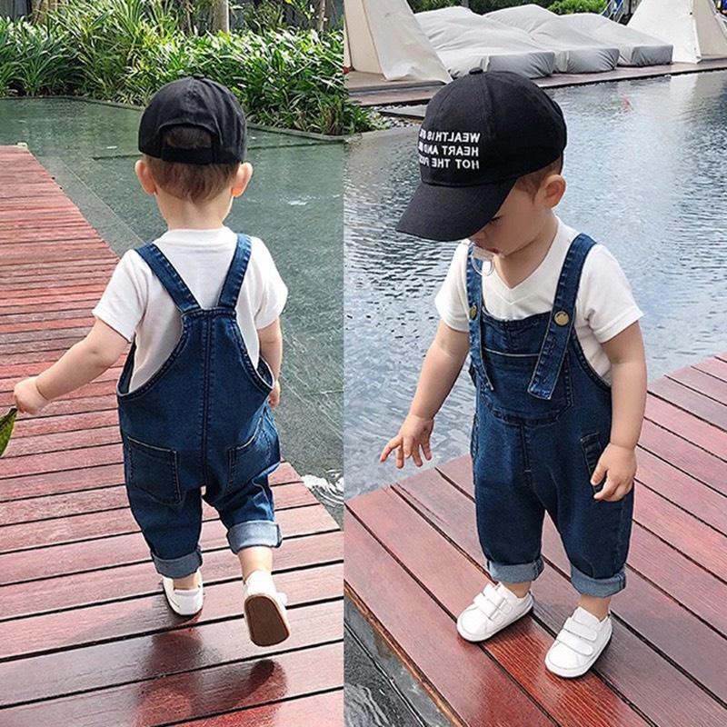 Yếm jean dài bé trai bé gái kèm áo cotton trắng