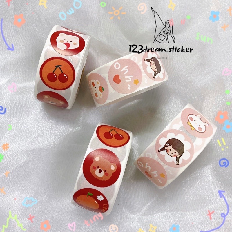 Cuộn 500 tem nhãn dán sticker thỏ hồng size 2.5cm / Ảnh thật