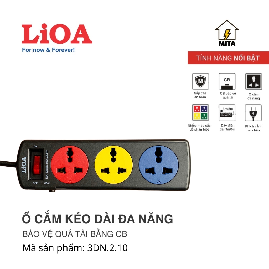 Ổ cắm điện LiOA đa năng - 3 lỗ, 4 lỗ, 6 lỗ, 8 lỗ dây dài 3m/5m - Chính Hãng - MITA