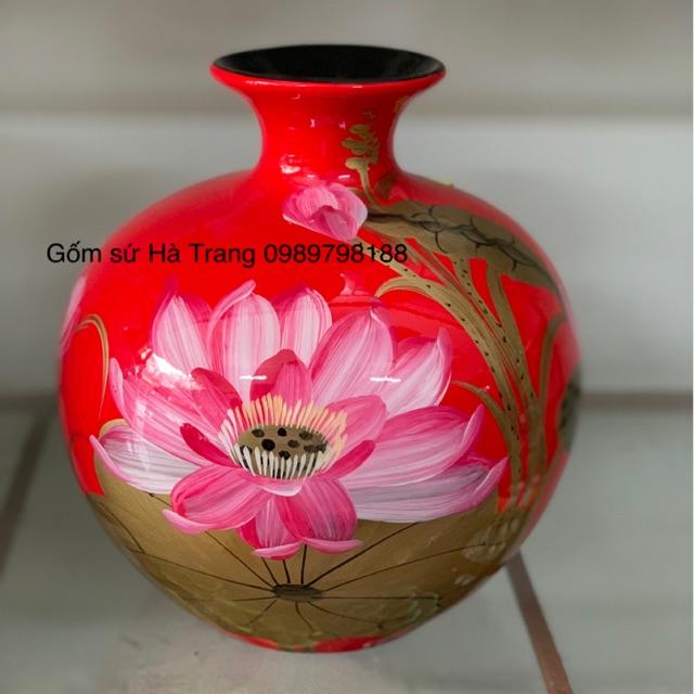 Bình hút tài lộc sơn mài vẽ sen gốm sứ Bát Tràng