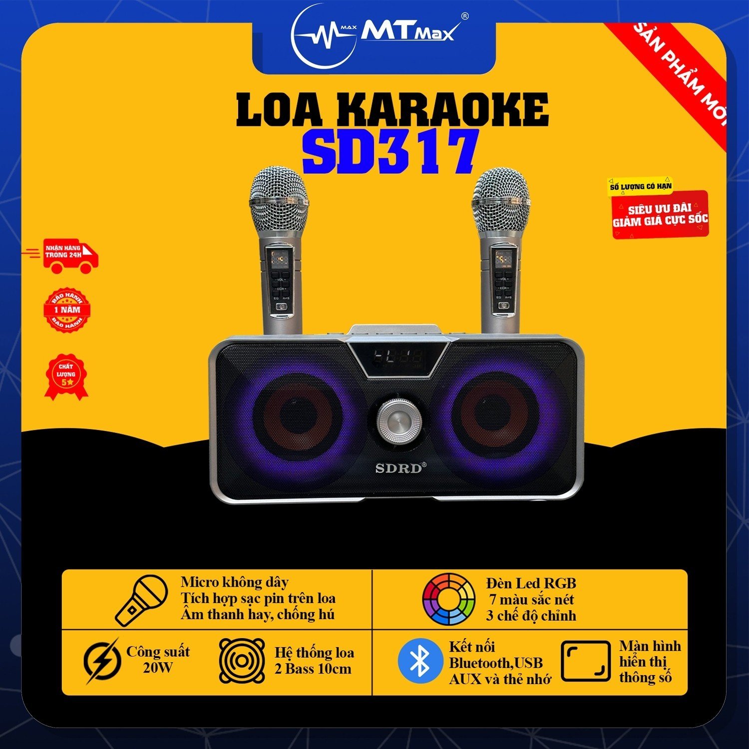 Loa Bluetooth SD317 - Nhỏ Gọn Đầy Mạnh Mẽ, Âm Thanh Chất Lượng, Đèn RGB Nhiều Màu Sắc, Tặng Kèm 2 Micro Không Dây Thông Minh Chống Nhiễu Giọng. Hàng Chính Hãng