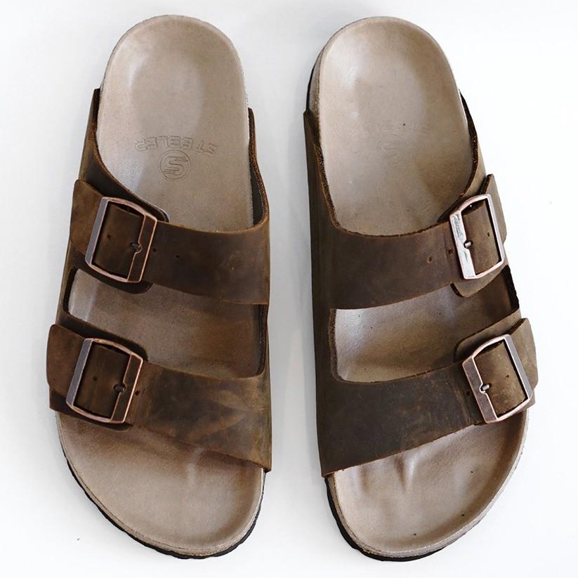 Dép đế trấu nam màu nâu BIRKEN STOCK quai ngang, dép da thật chống thấm mồ hôi chịu nước TONKIN