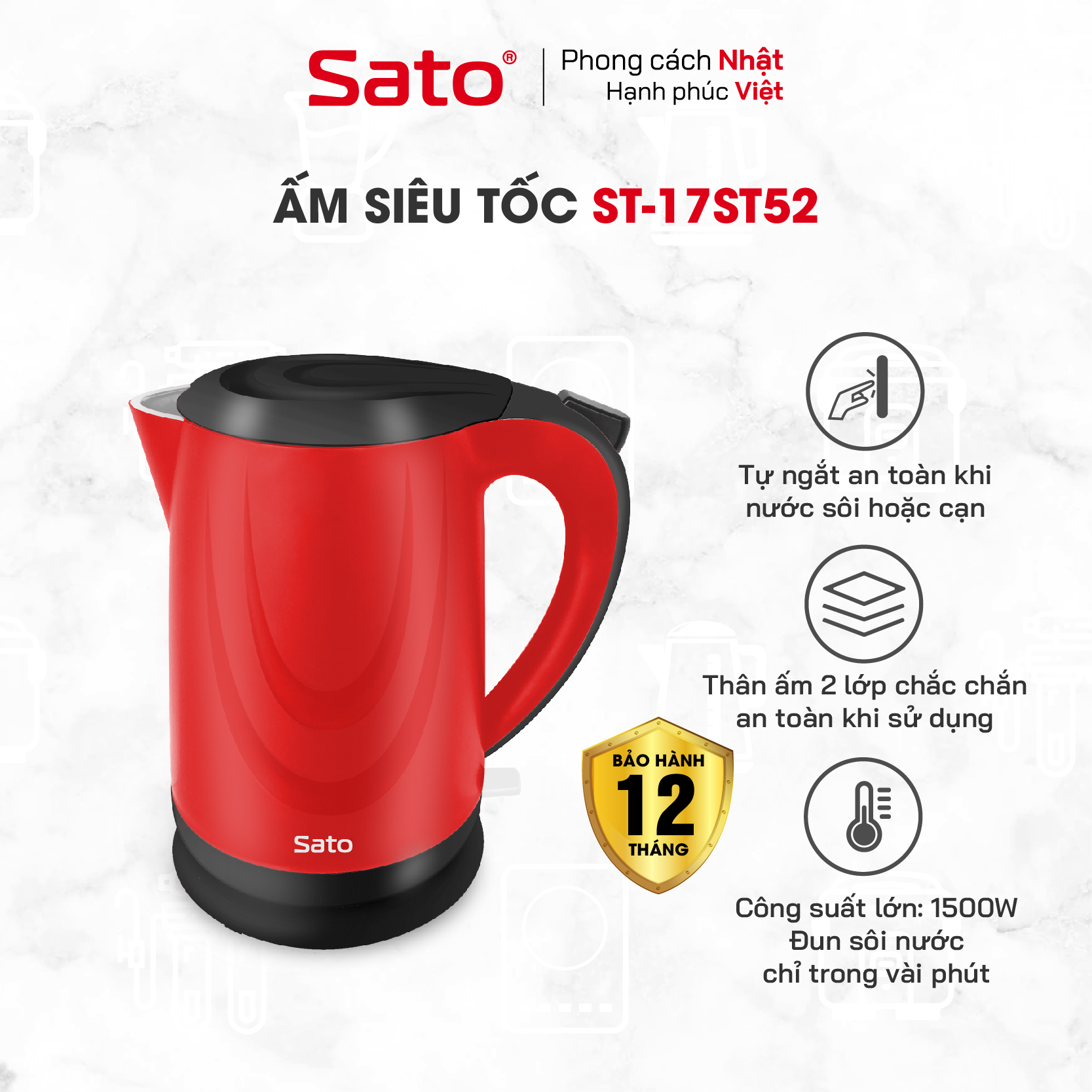 Ấm siêu tốc 2 lớp cao cấp 1.8L Sato 17ST52 - Ruột ấm  bằng inox cao cấp không gỉ, vỏ ngoài ấm bằng nhựa cao cấp cách nhiệt - Miễn phí vận chuyển toàn quốc - Hàng chính hãng