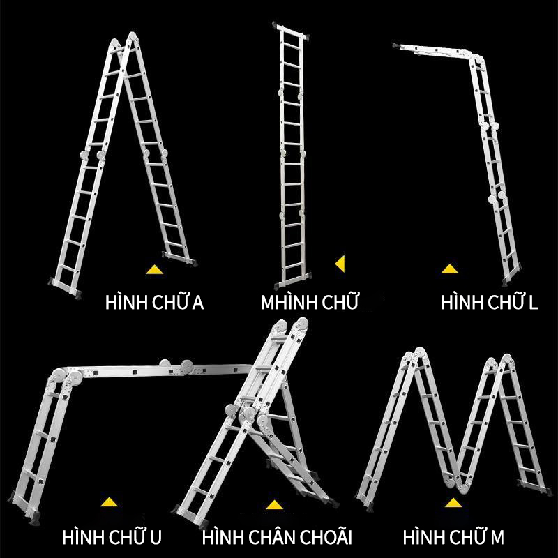 Thang nhôm gấp, thang nhôm gấp gọn đa năng 3,7m 4 đoạn hình chữ M, sử dụng trong nhiều trường hợp