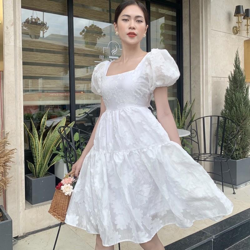 Đầm ulzzang dáng dài xoè trắng cutout lưng tay phồng - Audrey Studio