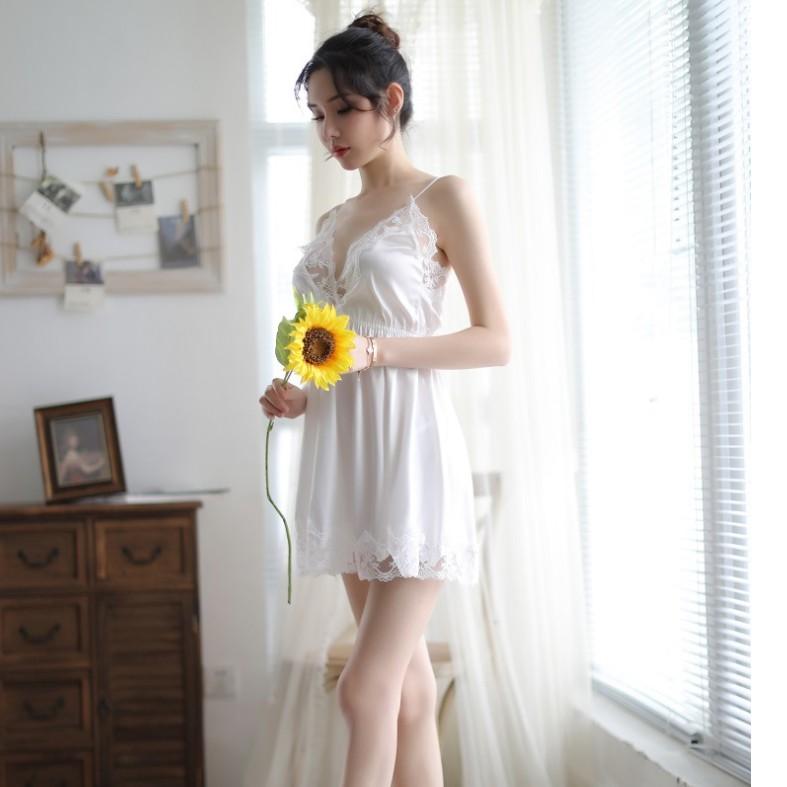 Váy ngủ lụa thái ren ngực - Màu trắng