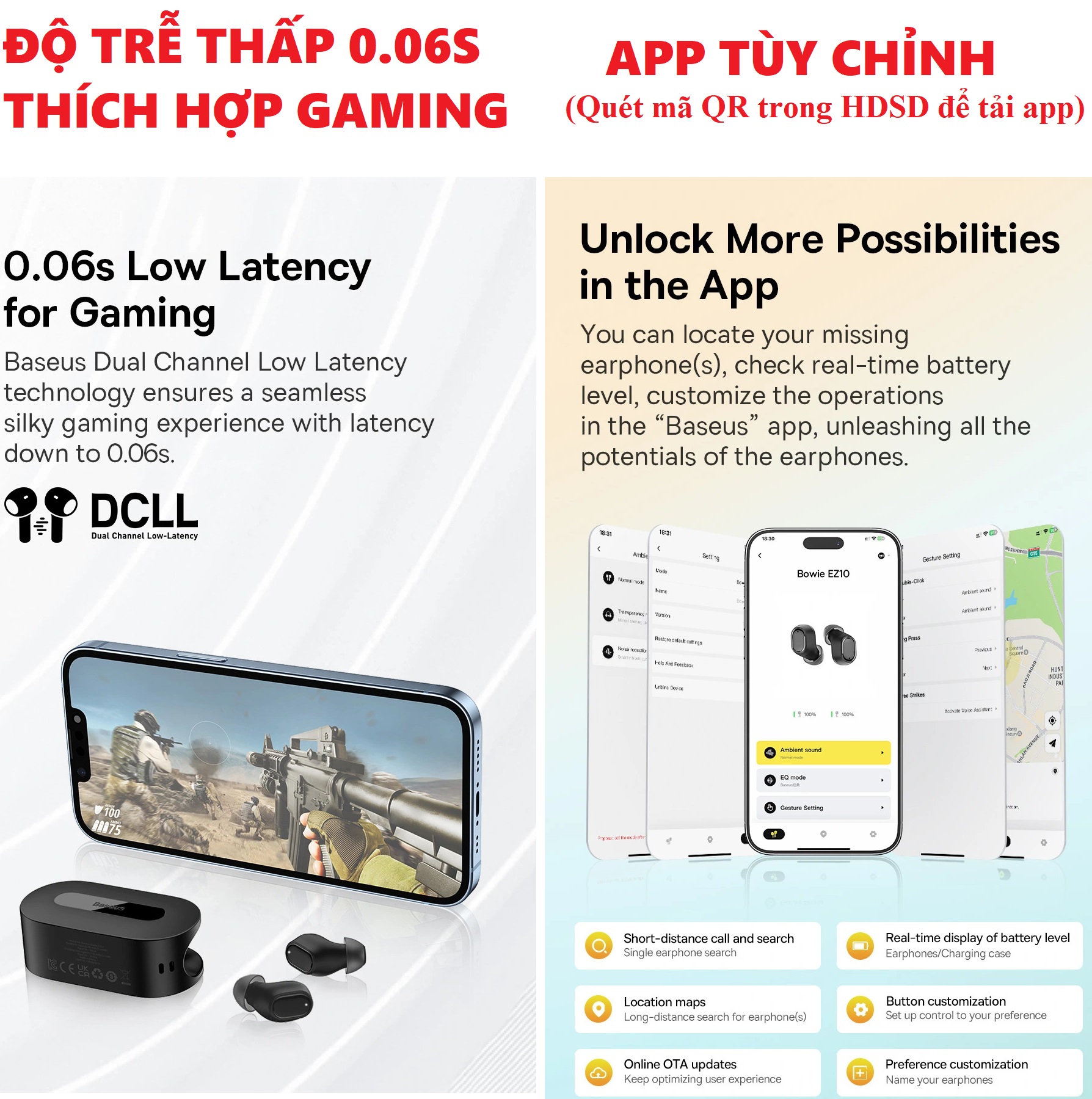 Tai nghe không dây mini Bluetooth V5.3 độ trễ thấp app tùy chỉnh Baseus Bowie EZ10 _ Hàng chính hãng