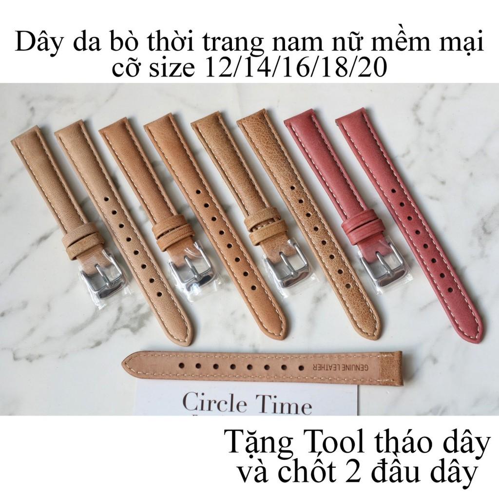 Dây đồng hồ nữ da bò sáp cực mềm size 12/14/16/18/20