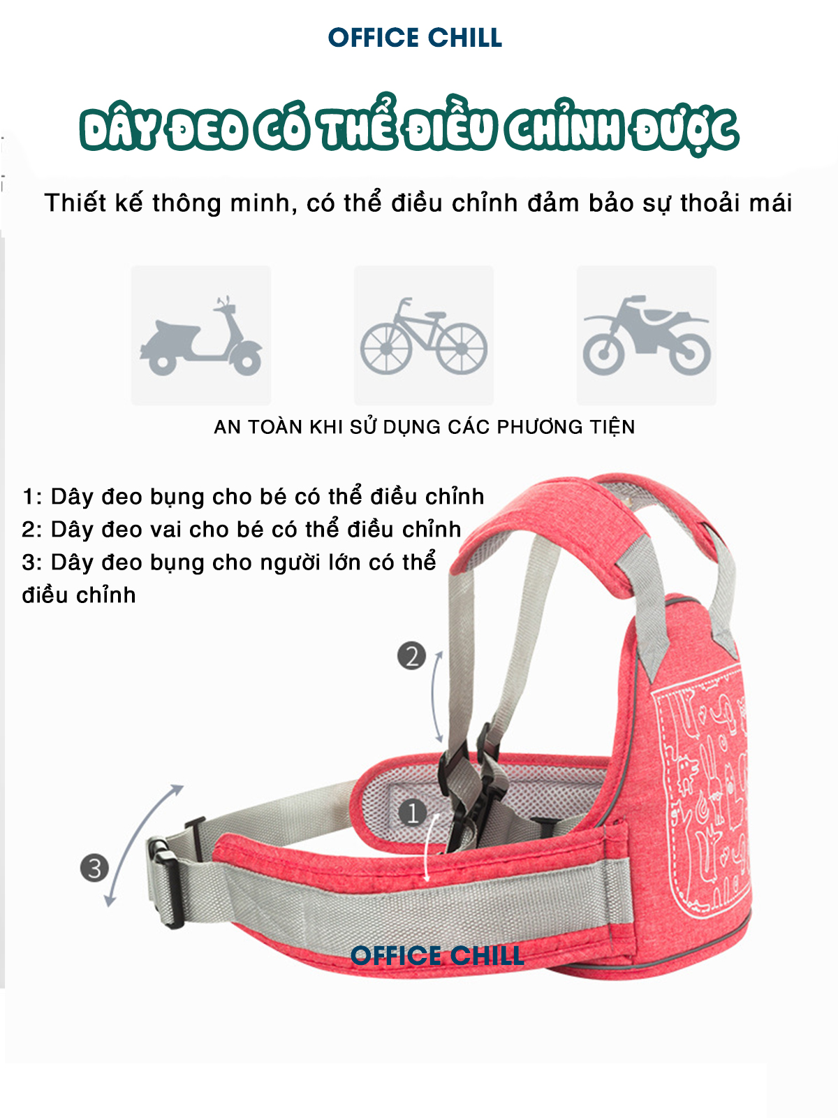 Đai An Toàn Cho Bé Đi Xe Máy OFFICE CHILL Bảo Vệ Bé Ngồi Trước Hoặc Sau Phù Hợp Từ 1 Đến 10 Tuổi