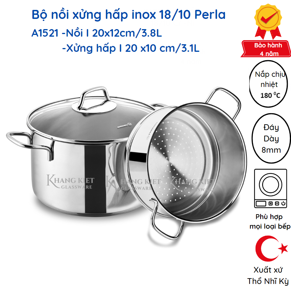 Bộ nồi xửng hấp inox cao cấp 18/10 Perla 20cm, dùng trên bếp từ, nhập khẩu từ Thổ Nhĩ Kỳ, bảo hành 4 năm -A1521