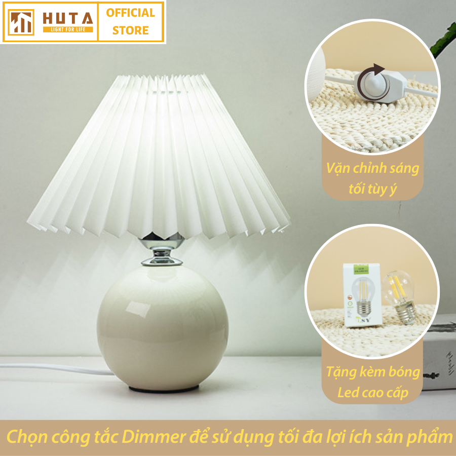 Đèn Ngủ Để Bàn Gốm Sứ Cao Cấp HUTA S8 Chao Xếp Ly Vintage Dễ Thương Decor Trang Trí Phòng Ngủ, Đọc Sách Đầu Giường, Điều chỉnh độ sáng, Đèn Vàng Bóng LED Tiết Kiệm Điện