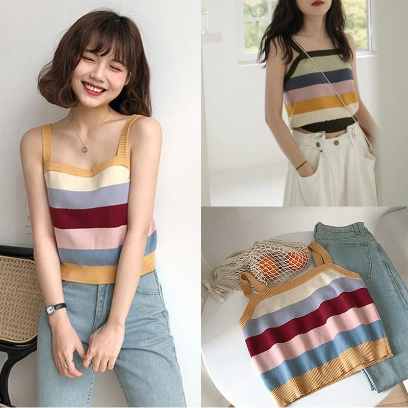 Áo dệt kim không tay phối hoạ tiết kẻ sọc ngang nữ tính