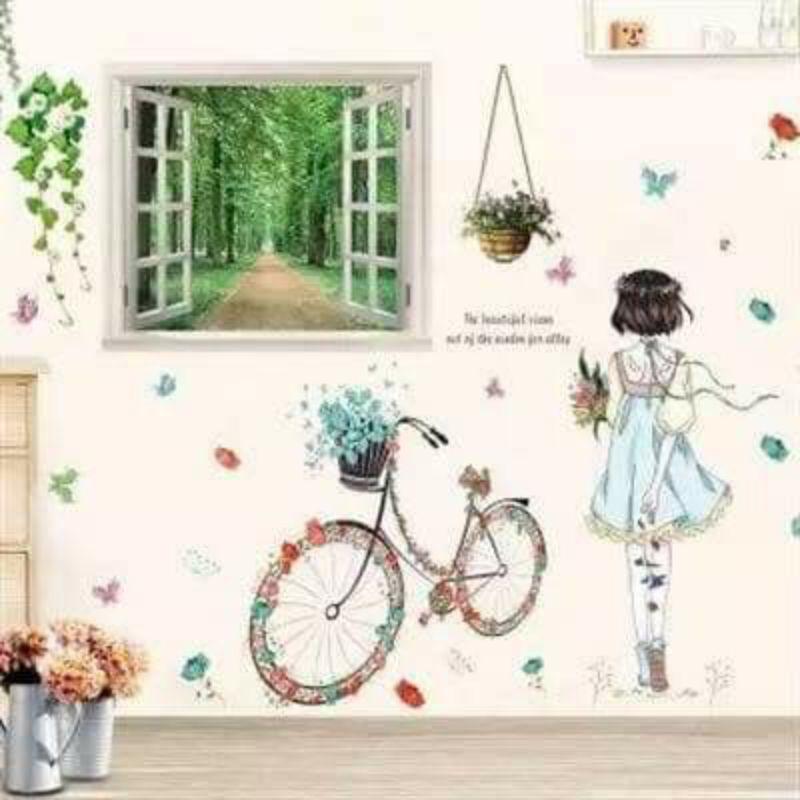 Decal dán tường cô gái cửa sổ xanh