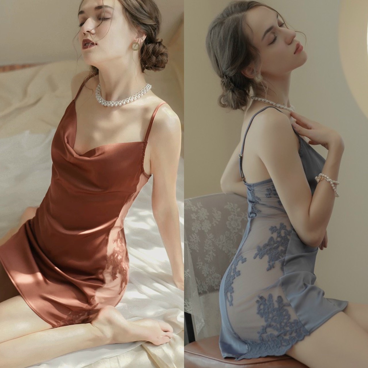 Váy Ngủ Lụa Phối Ren Hai Bên - B.Lingerie