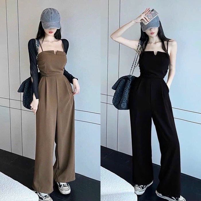 JUMPSUIT / ĐỒ BAY ÁO 2 DÂY CỔ U QUẦN ỐNG RỘNG LƯNG CAO SUÔNG TRƠN ĐI CHƠI ĐI BIỂN DẠO PHỐ
