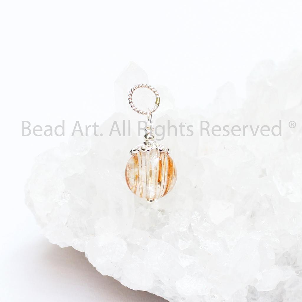 Mặt Dây Chuyền Thạch Anh Tóc Nâu 9mm Loại AA Và Bạc 925, Trang Sức Đá Phong Thuỷ, Thổ, Kim - Bead Art