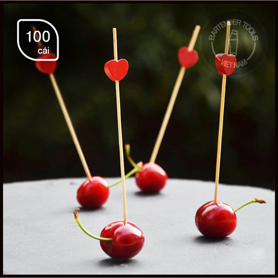 Tăm xiên decor cocktail hạt tim đỏ