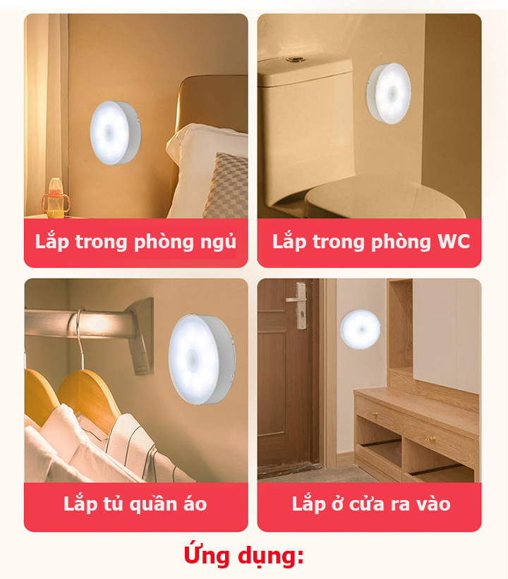 Đèn cảm ứng chuyển động, Đèn Led dán tường cảm biến thông minh không dây dán tủ quần áo, cầu thang, phòng ngủ...