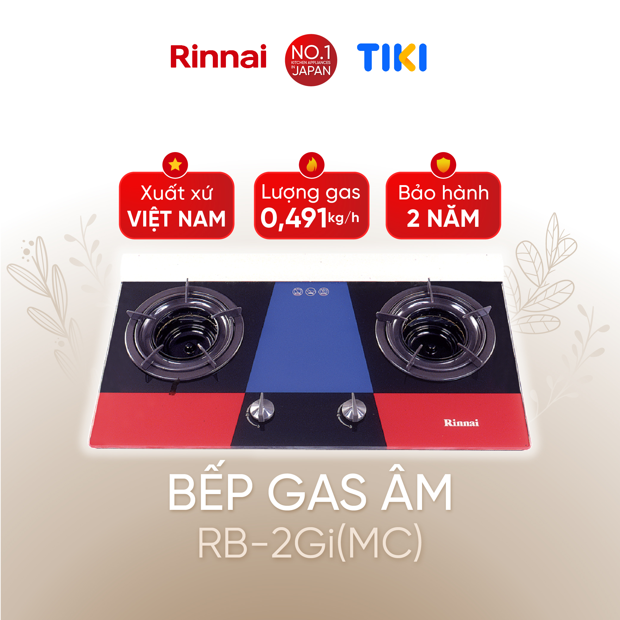 Bếp gas âm đầu đốt trong Rinnai RVB-2Gi(MC) mặt bếp kính và kiềng bếp men - Hàng chính hãng