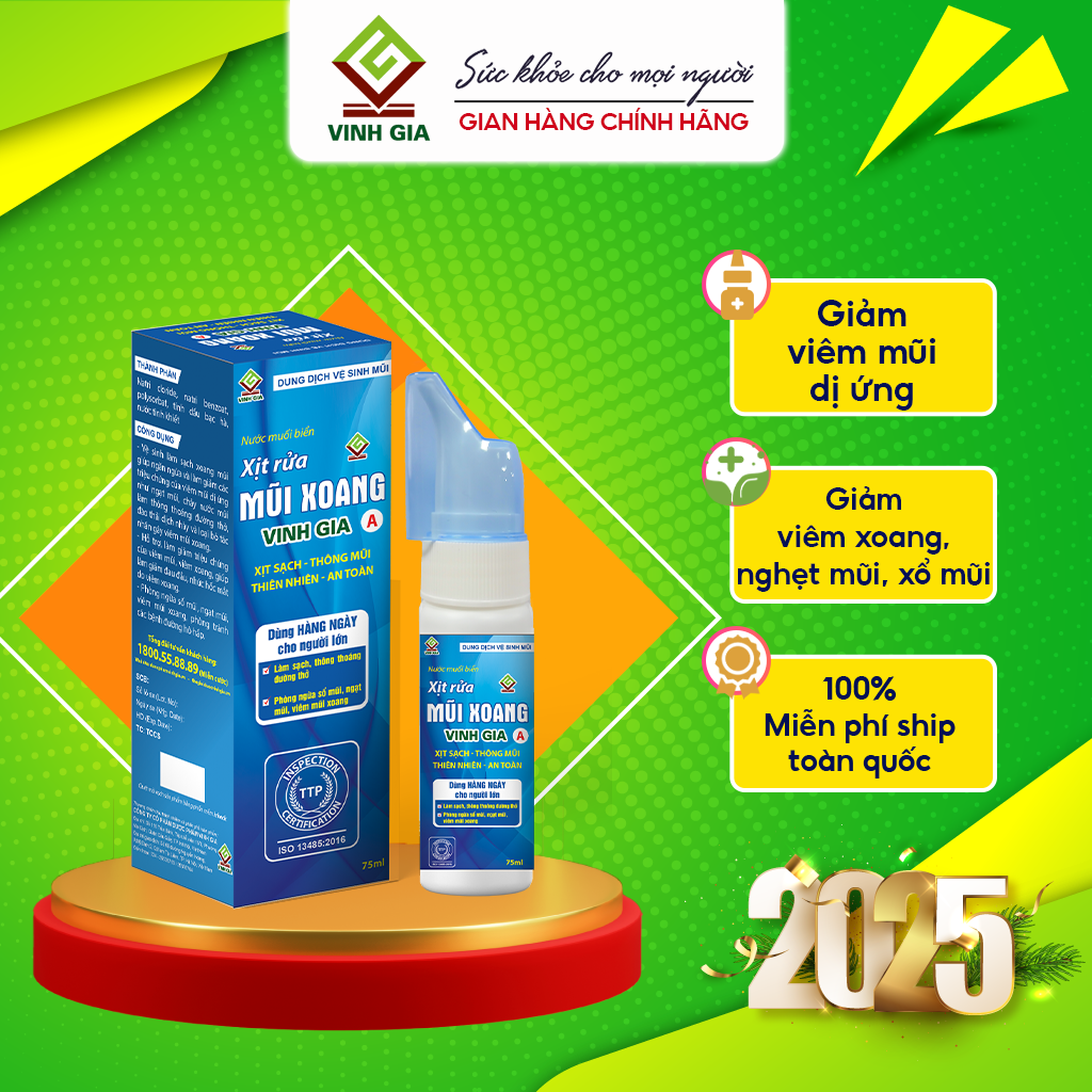 Xịt Rửa Mũi Xoang VINH GIA A Chứa Tinh Dầu Bạc Hà, Giúp hỗ trợ Hơi Thở Thông Thoáng, Bảo Vệ Hô Hấp Dùng Cho Người Lớn - 75ml