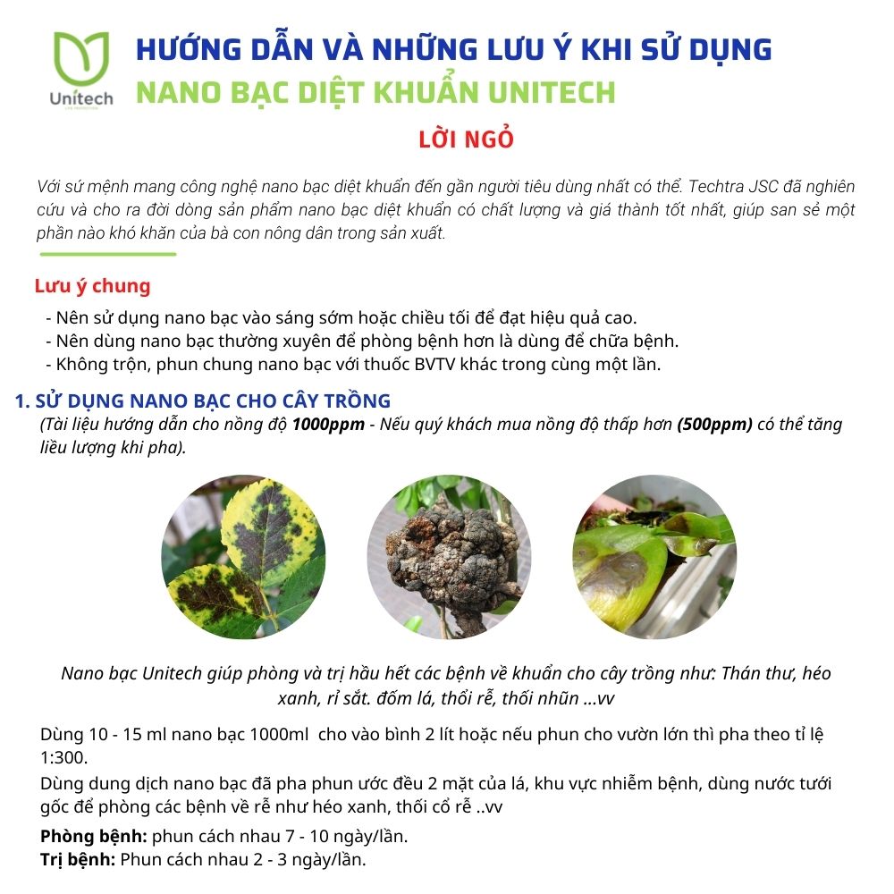Dung dịch nano bạc diệt khuẩn Unitech | Nguyên chất Diệt sạch nấm bệnh, vi khuẩn hoa hồng, phong lan, sát khuẩn chuồng trại, xử lý nước ao nuôi
