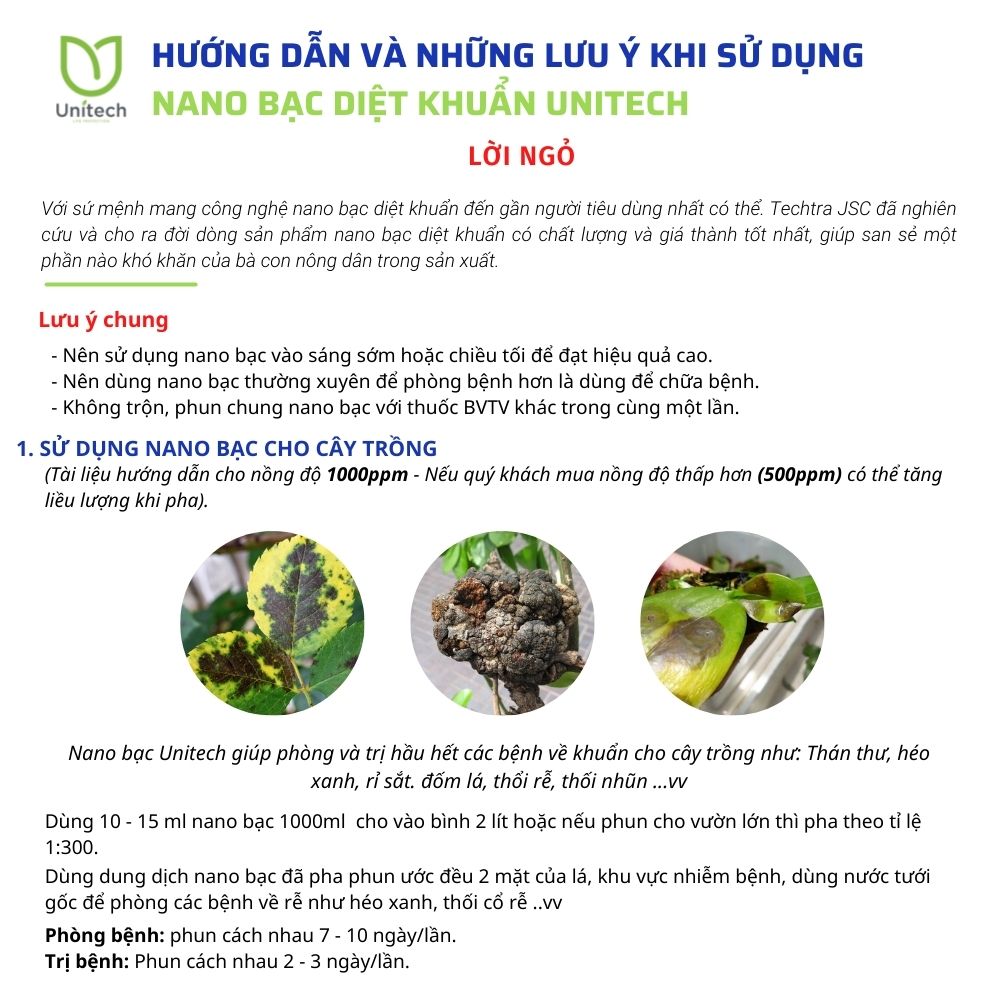 Dung dịch nano bạc diệt khuẩn Unitech | nguyên chất Diệt sạch nấm bệnh, vi khuẩn hoa hồng, phong lan, xử lý nước ao nuôi tôm ốc cá (500ml)