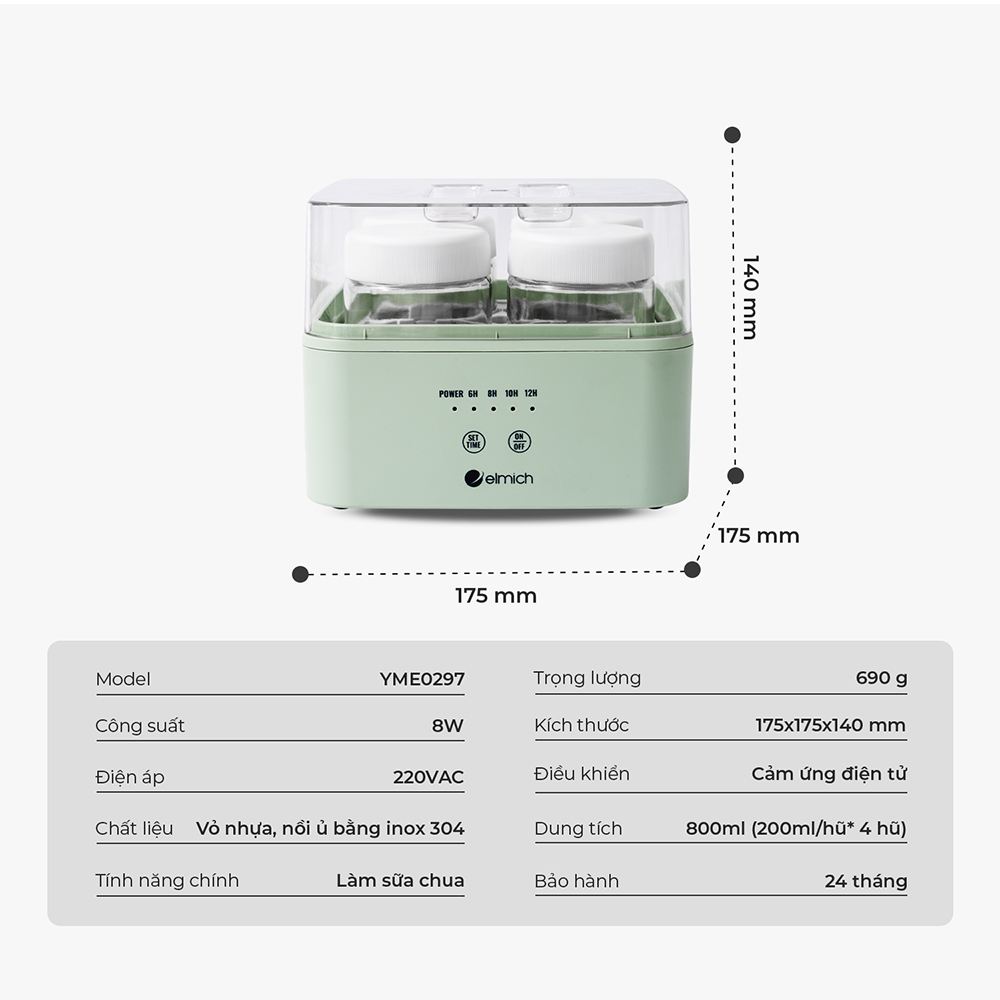 Máy Làm Sữa Chua Elmich YME0297 8W, Hàng Chính Hãng, Cảm Ứng Điện Tử, 4 Hũ Thủy Tinh 200ml - JoyMall