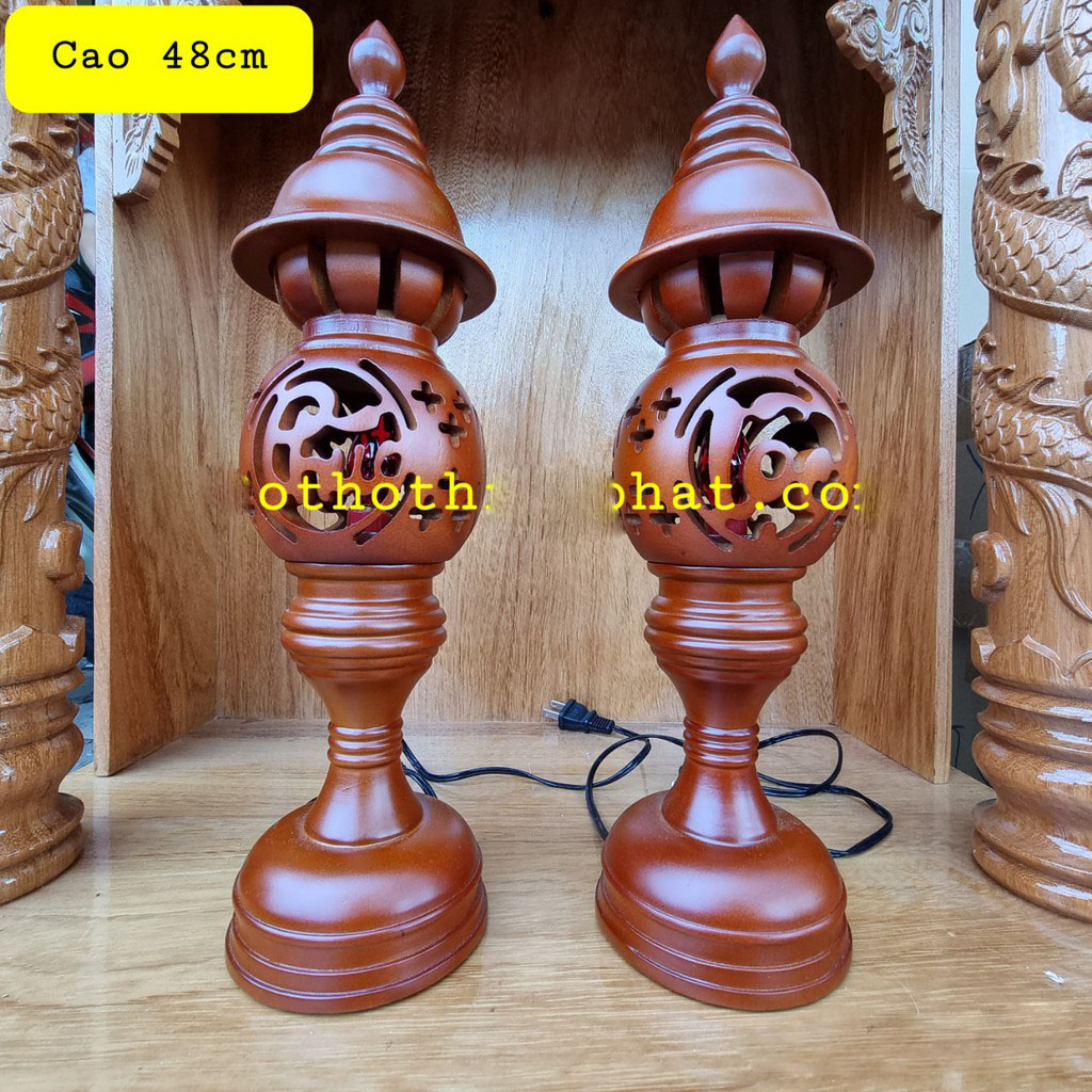 Cặp đèn để bàn thờ gỗ xà cừ chữ phúc lộc thọ mẫu mới cao 48cm