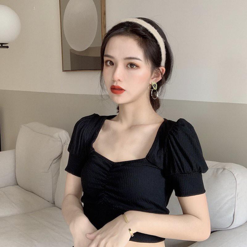 Áo Croptop Nữ Tay Ngắn Ôm Body SANMAY Áo Thun Croptop Tay Phồng Cổ Vuông Đẹp, Kiểu Ulzzang Sexy 5 Màu Đen Trắng AO012