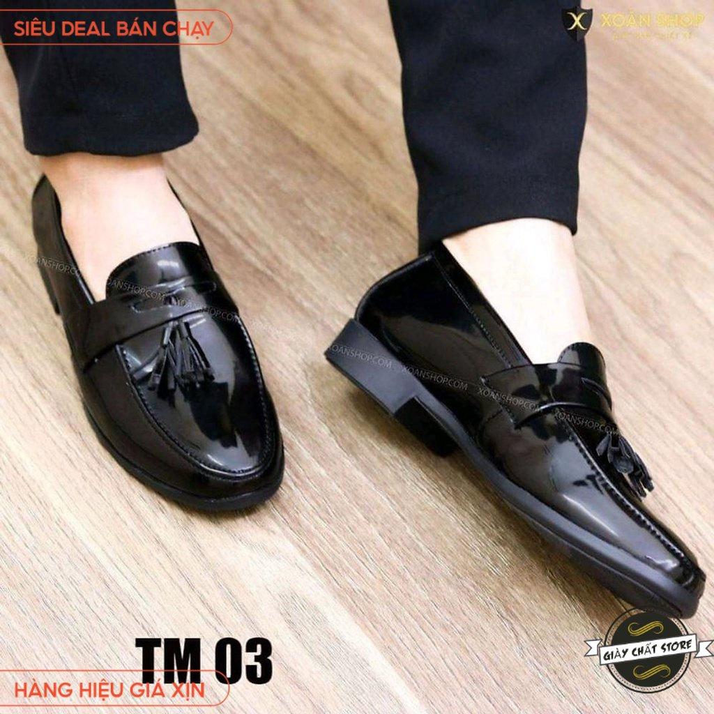 Giày lười nam giá rẻ - Giày da nam Đế cao su - Mã TM03 màu đen chuông bóng.