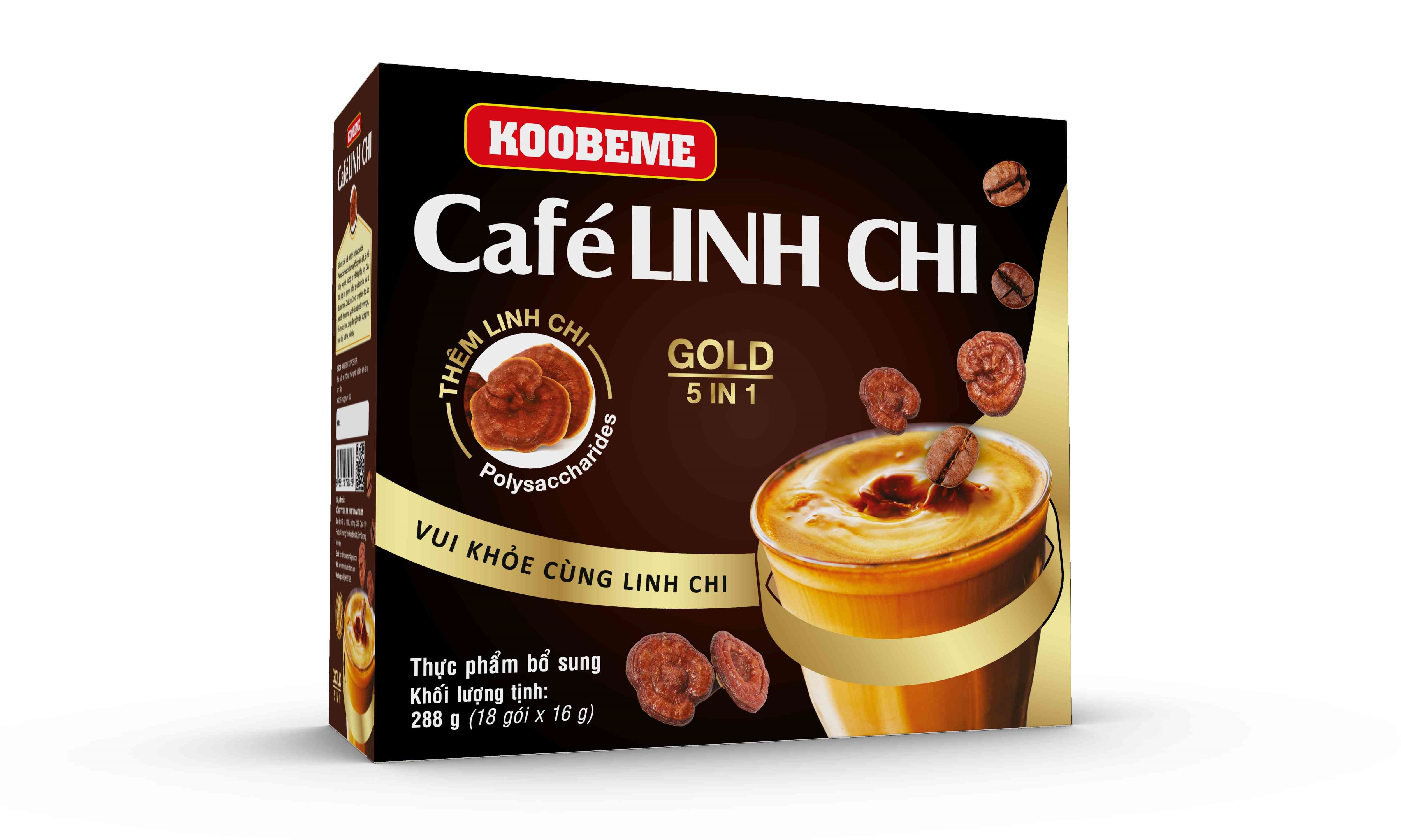 Cà phê hoà tan Café Linh Chi 5in1 Koobeme Gold vị đậm đà thêm Linh Chi tăng sức đề kháng Hộp 18gói