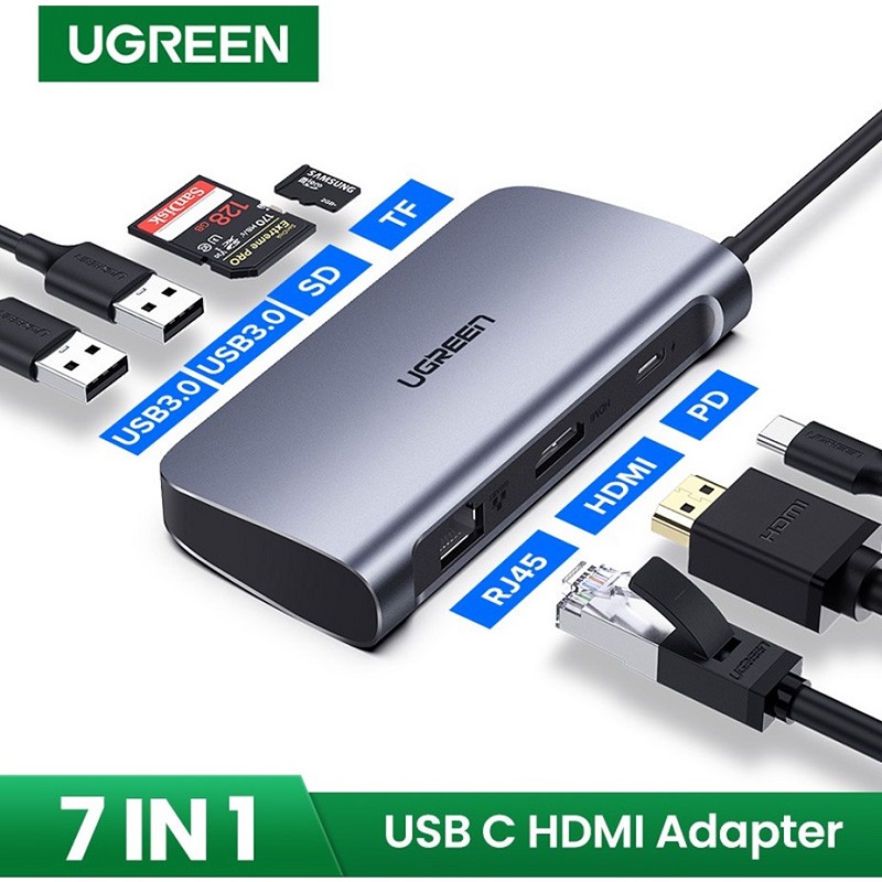 Bộ chia Hub USB type C 7 in 1 Ugreen 50852 Chính Hãng CM212 - Type C to HDMI 4K - Lan Gigabit + 2USB 3.0/Reader SD/TF hàng chính hãng