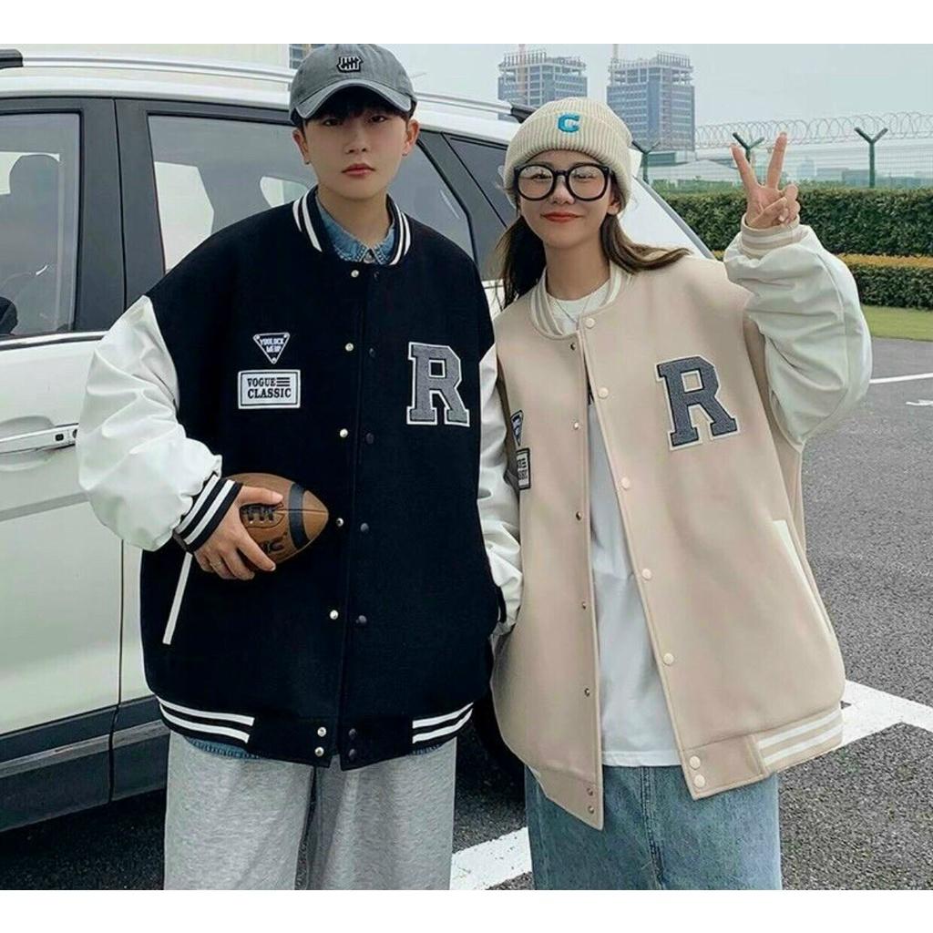 Áo khoác nữ kiểu bomber da lộn mịn form rộng cao cấp Áo khoác bomber thời trang đôi Các cặp đôi phong cách Hàn Quốc thêu chữ R