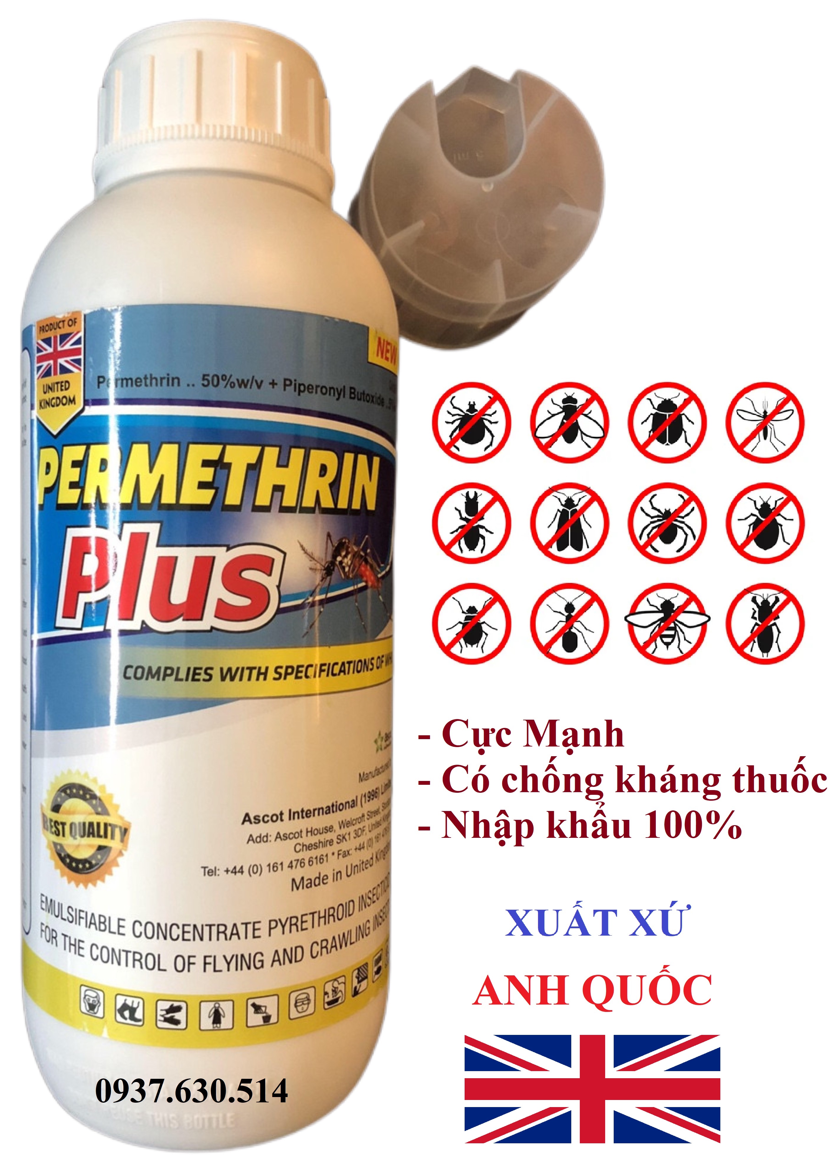 Thuốc diệt côn trùng Permethrin Plus 50EC chai 1 lít tác dụng mạnh với ruồi, muỗi, kiến, gián...