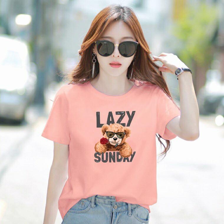 Áo thun nữ cổ tròn form rộng in hình gấu dễ thương thun cotton 4 chiều từ 45-60kg