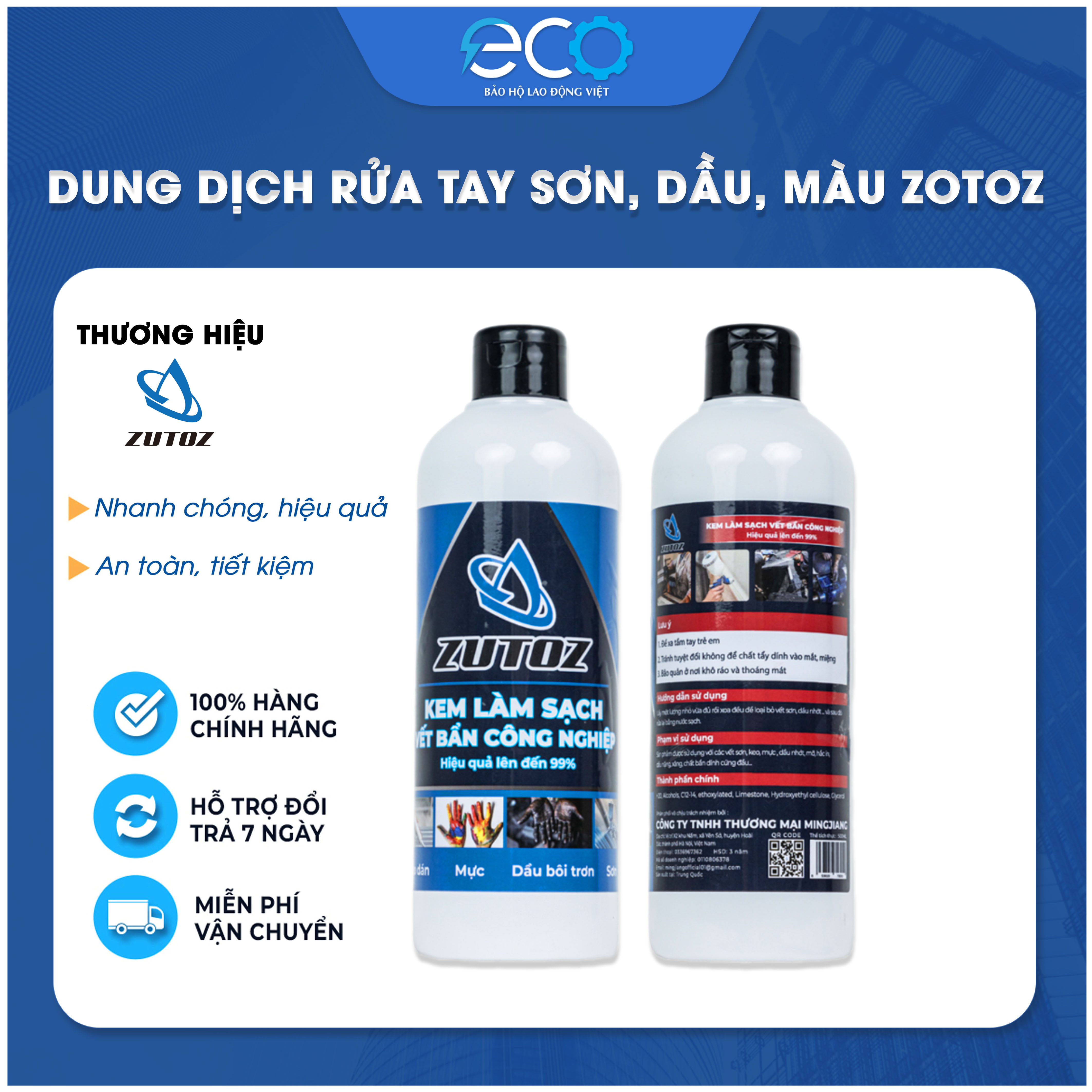 Dung dịch rửa tay sơn, dầu, màu ZUTOZ chuyển tẩy rửa các vết bẩn sơn màu, mực in, keo dán, dầu nhớt, hắc ín