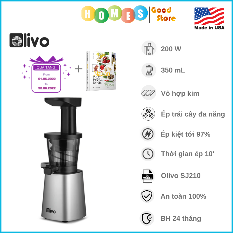 Máy Ép Trái Cây, Máy Ép Chậm OLIVO SJ210 Vỏ Hợp Kim Thương Hiệu Mỹ Dung Tích 0.35 Lít Công Suất 200 W - Hàng Chính Hãng