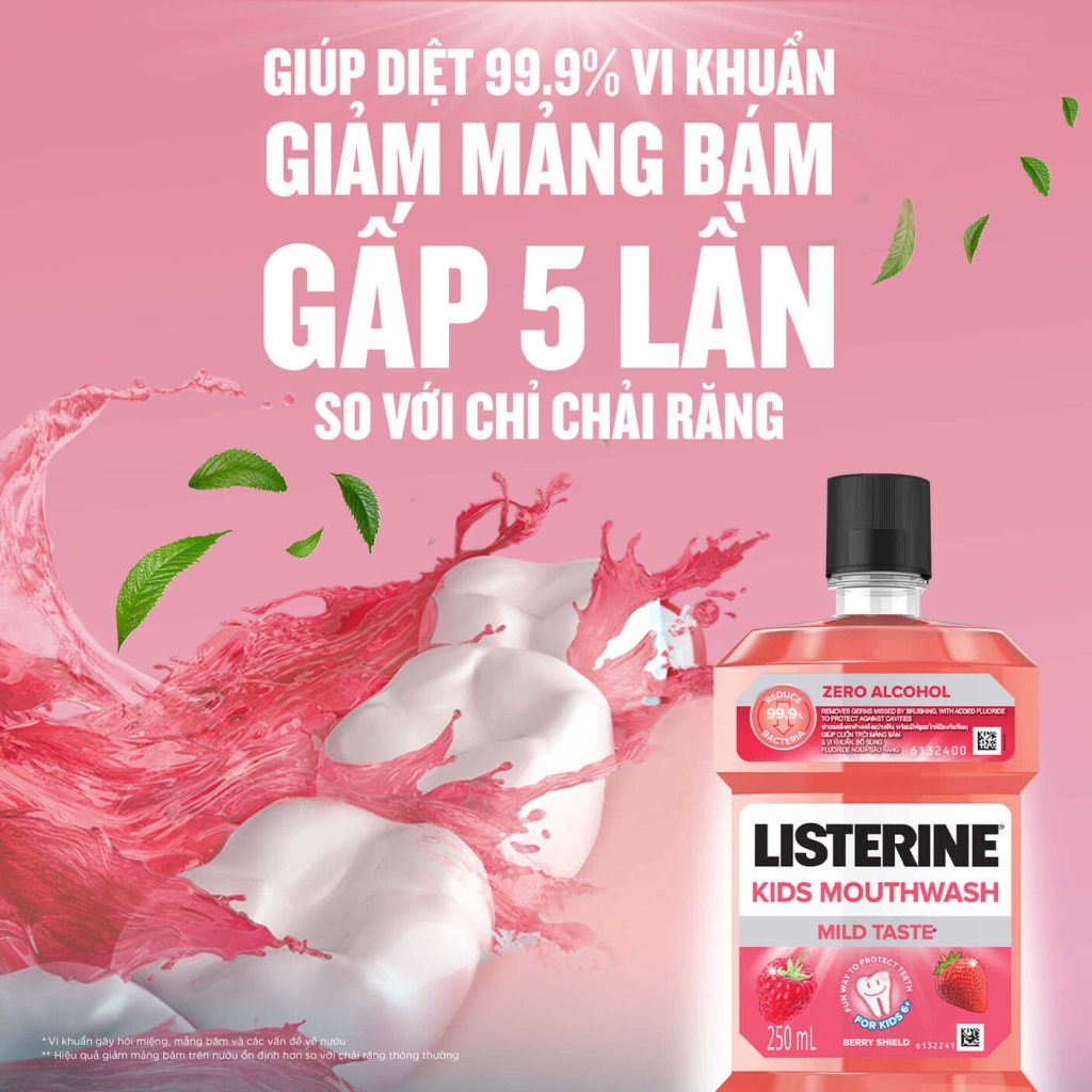 Combo 3 Nước súc miệng diệt khuẩn cho trẻ em vị không cay LISTERINE KIDS MOUTHWASH BERRY SHIELD (250mlx3)