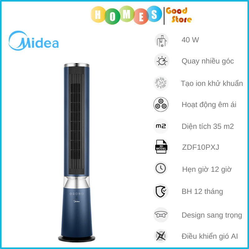 Quạt Không Cánh Midea ZDF10PXJ Làm Mát Gió Sâu Êm Dịu Có Hẹn Giờ Góc Quay 60 Độ - Hàng Nhập Khẩu