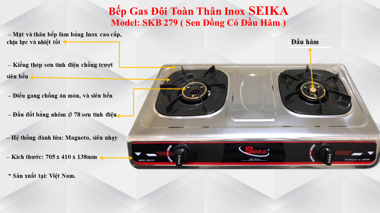 Bếp Gas Đôi Toàn Thân Inox Seika SKB279 - Hàng Chính Hãng