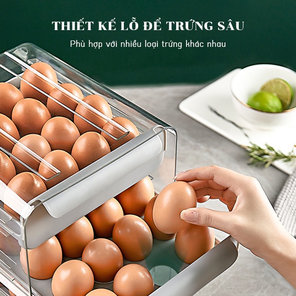 Hộp Đựng Trứng Tủ Lạnh Hai Tầng Trong Suốt 32 Ô Đựng Trứng Có Ngăn Kéo Tiện Lợi - Chất Liệu Nhựa PET + PP Chống Va Đập