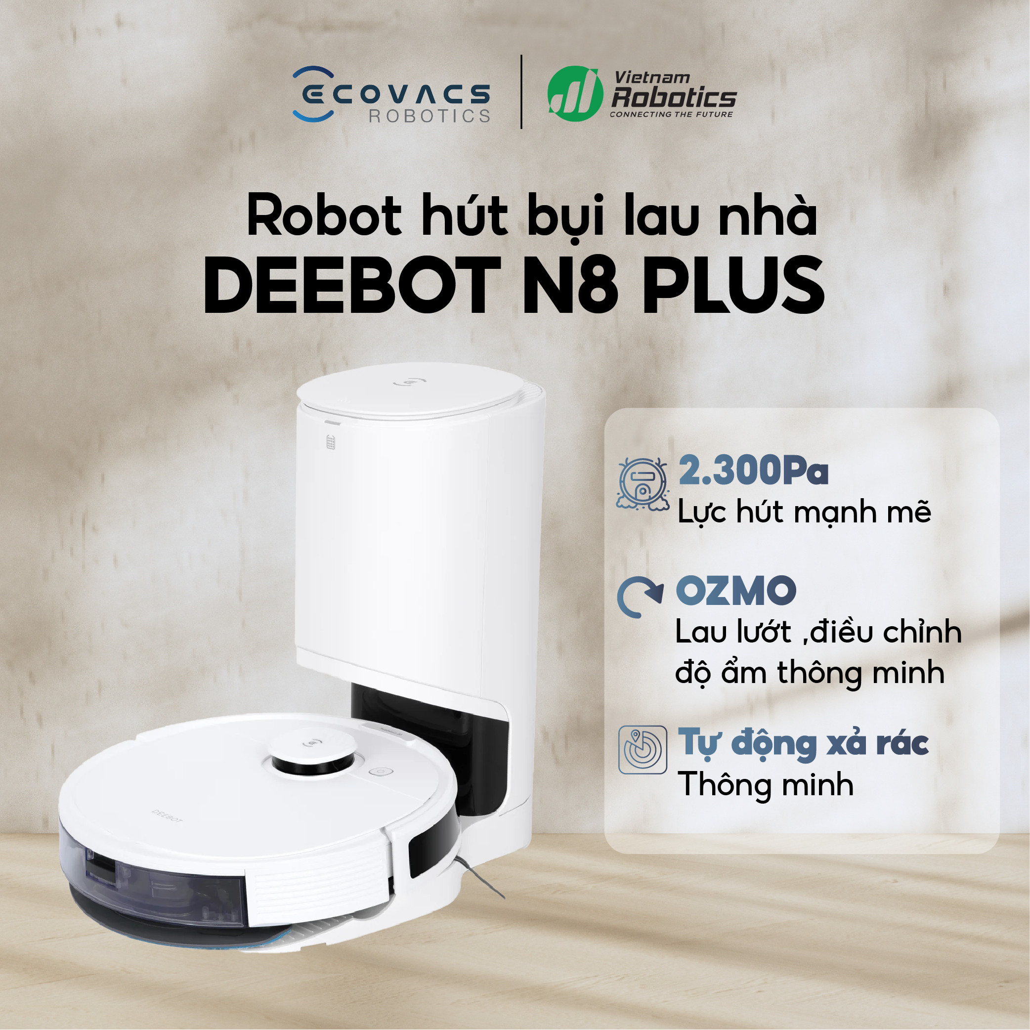 Robot hút bụi lau nhà thông minh Ecovacs Deebot N8 Plus Bản Quốc Tế - Tích Hợp Dock Sạc Tự Động Hút Rác, Bản Đồ Laser TrueMapping Chính Xác Hơn Công Nghệ TrueDetect3D - Hàng Chính Hãng